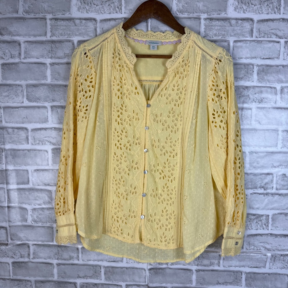 Sundance Yellow Cotton Eyelet Lace Trim Button Down Blouse PXL Boho Top